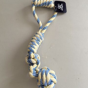 SK Ball On Rope Dog Toy Blue & Yellow