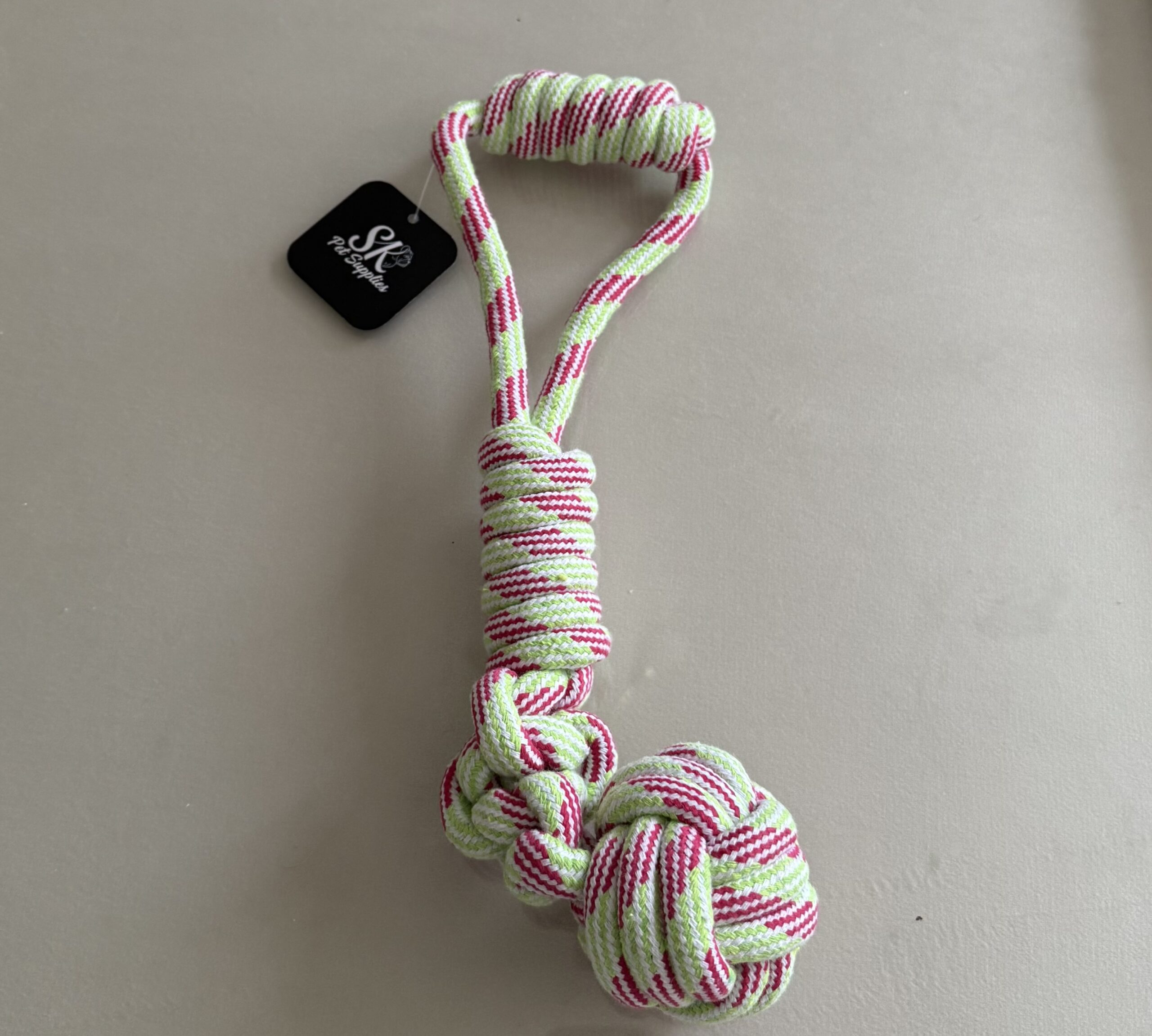 SK Ball On Rope Dog Toy Pink & Green
