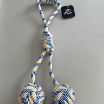 SK Double Ball On Rope Dog Toy Blue & Yellow